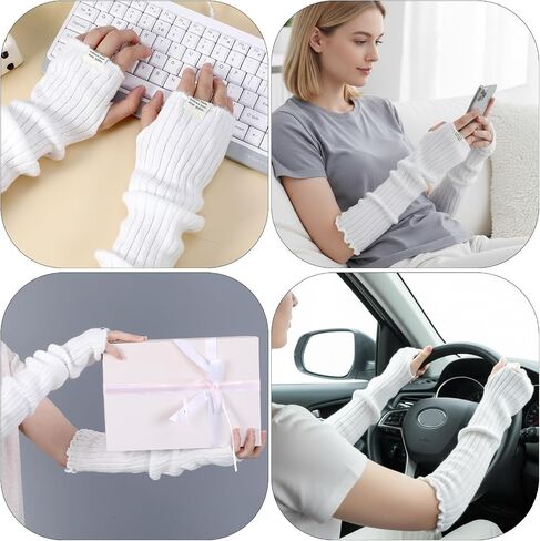 Arm Warmers Long Sleeve Fingerless Cute Knitted Arm Warmers Winter Long Fingerless Gloves Knit Mitten Gloves Arms Sleeves White Harajuku Knitted Lace Arms Sleeve for Women in Kuwait
