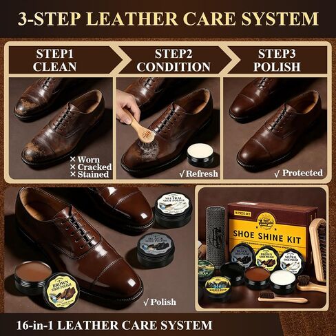 Shoe Shine Kit –16-in-1 Leather Shoe Polish Kit with Saddle Soap,Mink Oil,Black/Brown/Neutral Shoe Polish,Horsehair Brushes,Leather Boot Polish,Cleaning & Conditioning–Gift for Men & Women & Cowboy in Saudi Arabia