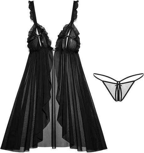 Women's Deep V Open Front Lingerie Dress - Sheer Mesh Babydoll with Adjustable Bow, Sexy See Through Teddy & G-String Set, Black in Saudi Arabia