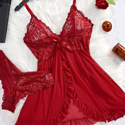Sexy Open Front Ruffle Sheer Mesh Lace Wireless Babydoll Lingerie Dress with Thong in Kuwait