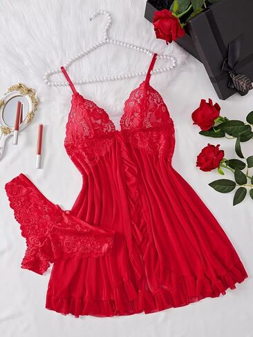 Sexy Open Front Ruffle Sheer Mesh Lace Wireless Babydoll Lingerie Dress with Thong in Kuwait