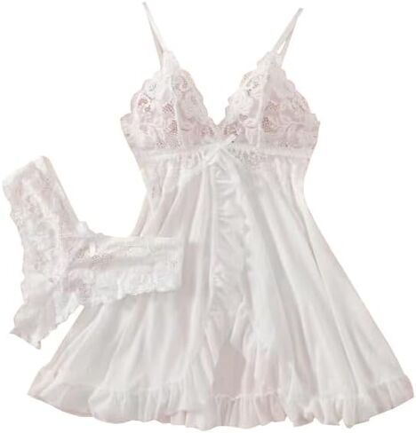 Sexy Open Front Ruffle Sheer Mesh Lace Wireless Babydoll Lingerie Dress with Thong in Kuwait
