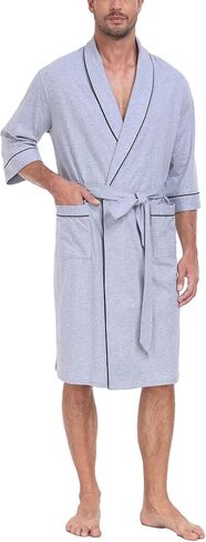 100% Cotton Men's Summer Lightweight Bathrobe Short Sleeve Robe Soft Breathable Knee-Length Lounge Robe with Pockets in Saudi Arabia