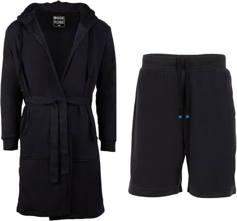 DudeRobe Men’s Black S/M Hooded Robe & S/M Casual SweatShorts with Drawstring from Shark Tank! Comfy & Absorbent Cotton Robe for After Shower in Saudi Arabia