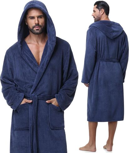 Absorbent Fleece Mens Robe with Hood Warm Cozy Ultra Soft Bathrobe Luxury Quick Dry Spa Towel Robe for Men in Saudi Arabia