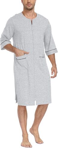 Men's 100% Cotton Robe Summer Short Sleeve Lightweight Zip-Up Bathrobe with Pockets Breathable House Coat Knee Length in Kuwait