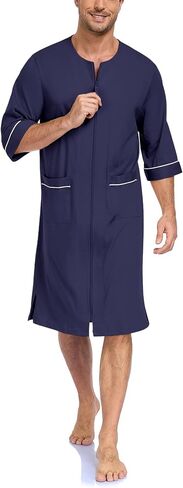 Men's 100% Cotton Robe Summer Short Sleeve Lightweight Zip-Up Bathrobe with Pockets Breathable House Coat Knee Length in Kuwait
