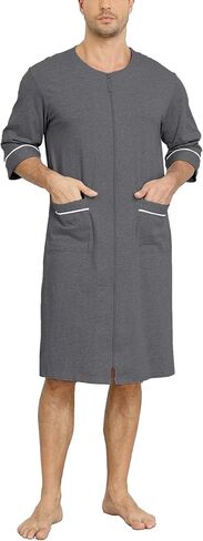 Men's 100% Cotton Robe Summer Short Sleeve Lightweight Zip-Up Bathrobe with Pockets Breathable House Coat Knee Length in Kuwait