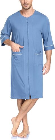 Men's 100% Cotton Robe Summer Short Sleeve Lightweight Zip-Up Bathrobe with Pockets Breathable House Coat Knee Length in Kuwait