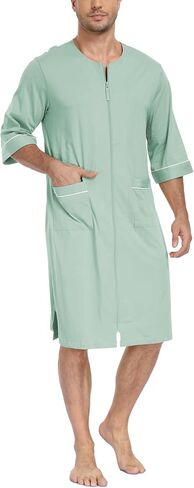 Men's 100% Cotton Robe Summer Short Sleeve Lightweight Zip-Up Bathrobe with Pockets Breathable House Coat Knee Length in Kuwait