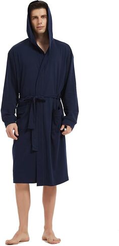 HOLOVE Men's Pure Cotton Bathrobe Lightweight Kimono and Hooded Spa Robes Soft Sleepwear in Saudi Arabia