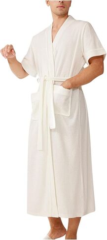 Mens Lightweight Bathrobes with Pockets Short Sleeve V Neck Shower Robe Soft Breathable Housecoat Comfy Spa Pool Gifts in Kuwait