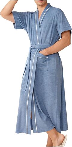 Mens Lightweight Bathrobes with Pockets Short Sleeve V Neck Shower Robe Soft Breathable Housecoat Comfy Spa Pool Gifts in Kuwait