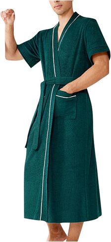 Mens Lightweight Bathrobes with Pockets Short Sleeve V Neck Shower Robe Soft Breathable Housecoat Comfy Spa Pool Gifts in Kuwait