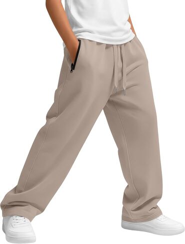 Boys Baggy Sweatpants Casual Straight Leg Open Bottom Joggers Teens Drawstring Athletic Pants with Zip Pockets in Kuwait