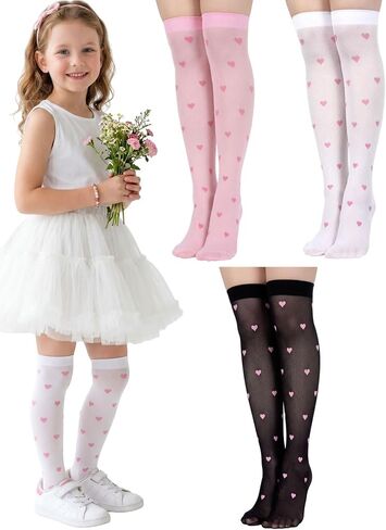 Fourluoo 3 Pairs Girls Knee High Socks Seamless over The Knee High Sock Heart Colorful Stockings for 4-12 Years Kids Daily Wear School Dating Dance in Kuwait
