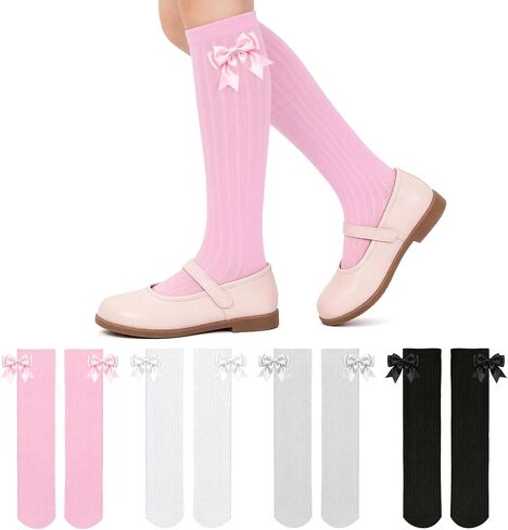 4 Pairs Girl's Bow Knee High Socks Girls School Dress Socks for 4 to 12 Years in Kuwait