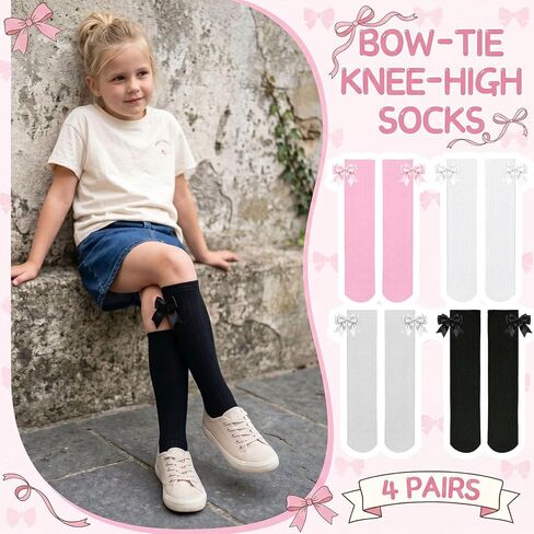 4 Pairs Girl's Bow Knee High Socks Girls School Dress Socks for 4 to 12 Years in Kuwait