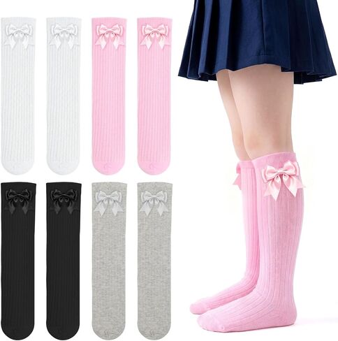 4 Pairs Girl's Bow Knee High Socks Girls School Dress Socks for 4 to 12 Years in Kuwait