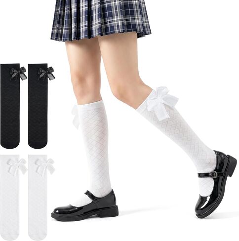 2 Pairs Girls Socks, Girls Knee High Socks with Bows Cotton School Uniform Socks for 4-12 Years in Saudi Arabia