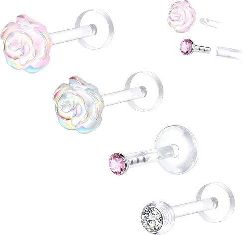 4Pcs 16G Plastic Earrings for Surgery Work, Clear Nose Rings Bioflex Plastic Piercing Retainer, Tragus Daith Lobe Helix Rook Piercing Jewelry Cartilage Clear Earrings for Women Flat Back Studs Lip Rings 8mm in Kuwait