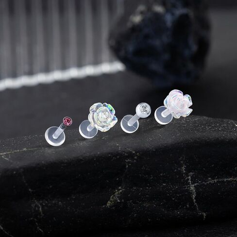 4Pcs 16G Plastic Earrings for Surgery Work, Clear Nose Rings Bioflex Plastic Piercing Retainer, Tragus Daith Lobe Helix Rook Piercing Jewelry Cartilage Clear Earrings for Women Flat Back Studs Lip Rings 8mm in Kuwait