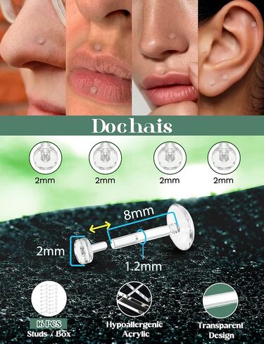 Dochais 16G 18G Clear Earrings Studs Lip Bars Retainer Flexible Acrylic Piercing Retainers Clear Cartilage Helix Stud Earring Labret Tragus Retainers Piercing Jewellery 16Pcs 6mm 8mm 10mm 12mm in Saudi Arabia
