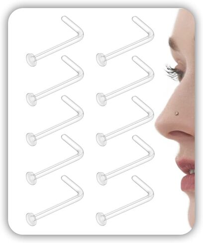 10Pcs 18G Clear Nose Studs Set for Surgery Work Sports - L Shape Bioflex Plastic Nose Earring Lip Retainers for Women and Men - Hypoallergenic Flat Top 2mm Piercing Jewelry in Kuwait