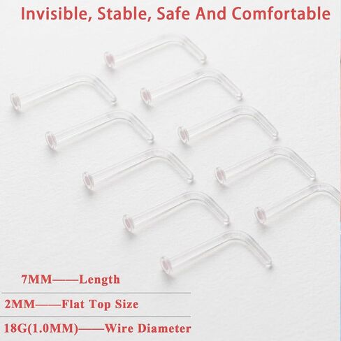 10Pcs 18G Clear Nose Studs Set for Surgery Work Sports - L Shape Bioflex Plastic Nose Earring Lip Retainers for Women and Men - Hypoallergenic Flat Top 2mm Piercing Jewelry in Kuwait
