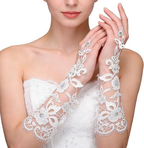 Bridal Lace Fingerless Gloves, White Floral Hollow-Out Design with Rhinestones, Long Length, Wedding Party Accessories, 1 Pair in Kuwait