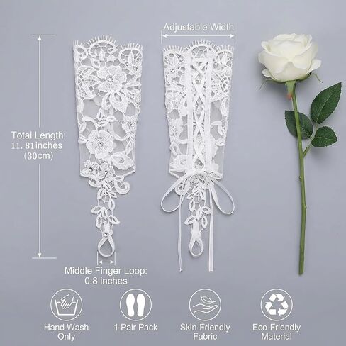 Bridal Lace Fingerless Gloves, White Floral Hollow-Out Design with Rhinestones, Long Length, Wedding Party Accessories, 1 Pair in Kuwait