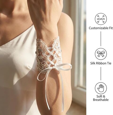 Bridal Lace Fingerless Gloves, White Floral Hollow-Out Design with Rhinestones, Long Length, Wedding Party Accessories, 1 Pair in Kuwait