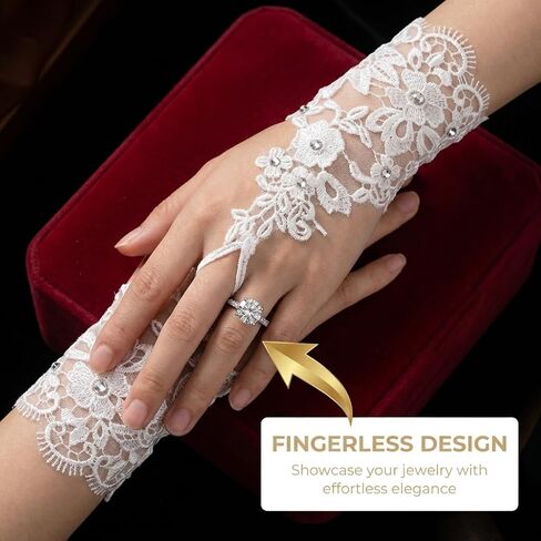 Bridal Lace Fingerless Gloves, White Floral Hollow-Out Design with Rhinestones, Long Length, Wedding Party Accessories, 1 Pair in Kuwait
