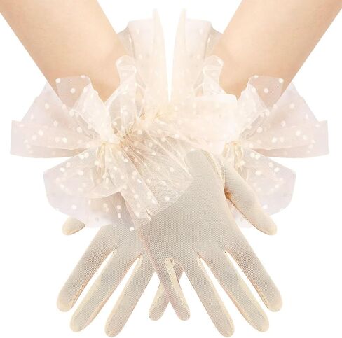 Women's Short Puffy Ruffle Lace Tulle Sheer Mesh Gloves Tea Party Gloves for Wedding Bridal Prom Costume in Kuwait