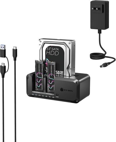 ICY BOX M.2 NVMe & SATA SSD/HDD Docking Station, USB-C 10Gbps (USB 3.2 Gen2) Cloner&Reader, TripleBay Standalone Drive Dock for 2.5"/3.5" SSD&HDD Hard Drives, Offline Cloning, Tool-Free in Saudi Arabia