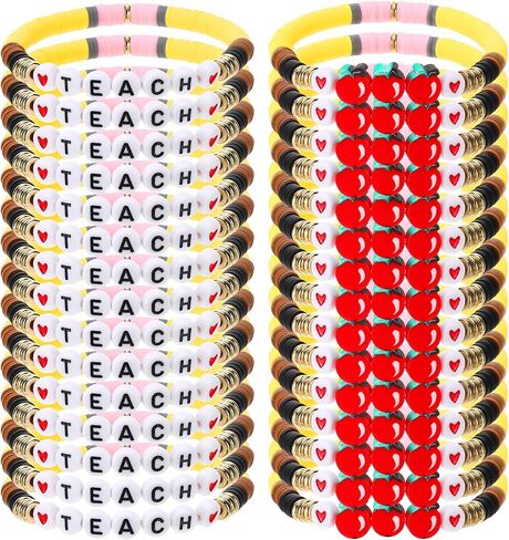 30 Pcs Teacher Bracelets Gifts for Women Teacher Gifts Bulk Polymer Clay Bead Bracelets for Teachers Appreciation Gift Thank You End of Year Graduation Summer Beach Stretch Bracelet Jewelry (Apple) in Saudi Arabia