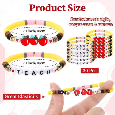 30 Pcs Teacher Bracelets Gifts for Women Teacher Gifts Bulk Polymer Clay Bead Bracelets for Teachers Appreciation Gift Thank You End of Year Graduation Summer Beach Stretch Bracelet Jewelry (Apple) in Saudi Arabia