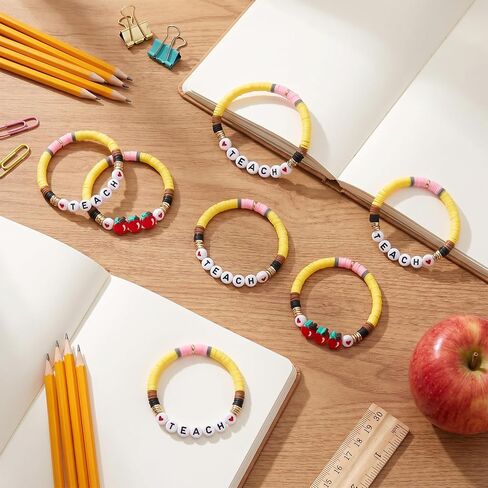 30 Pcs Teacher Bracelets Gifts for Women Teacher Gifts Bulk Polymer Clay Bead Bracelets for Teachers Appreciation Gift Thank You End of Year Graduation Summer Beach Stretch Bracelet Jewelry (Apple) in Saudi Arabia