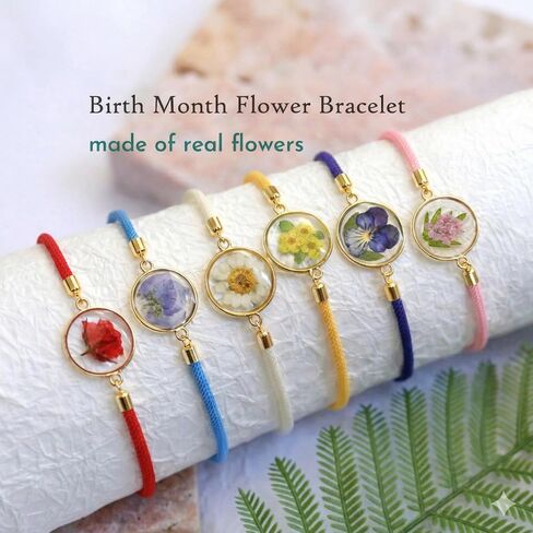 Dried Pressed Birth Month Flower Bracelet, Adjustable tree of life knot Cord Bracelet, Personalized Gift in Saudi Arabia