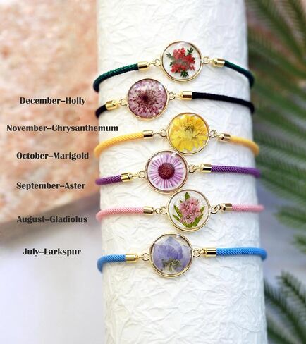 Dried Pressed Birth Month Flower Bracelet, Adjustable tree of life knot Cord Bracelet, Personalized Gift in Saudi Arabia