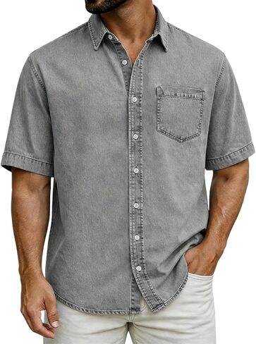 Distressed Henley Shirts for Men Button Short Sleeve Denim Cotton Washed Retro Summer Beach Tops with Pocket in Saudi Arabia