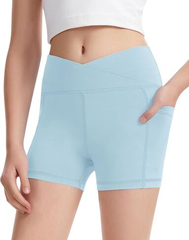 DOCUMO Girls Athletic Shorts with Pockets, Kids Workout V Cross Waisted Volleyball Shorts Yoga Dance Gymnastics Biker Shorts in Saudi Arabia
