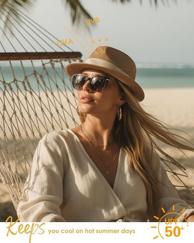 Fedora Straw Sun Hat for Men Women Short Brim Trilby Hat Panama Beach Hat UPF 50+ in Kuwait