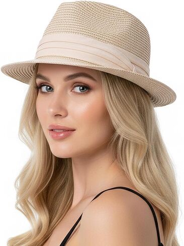 Fedora Straw Sun Hat for Men Women Short Brim Trilby Hat Panama Beach Hat UPF 50+ in Kuwait