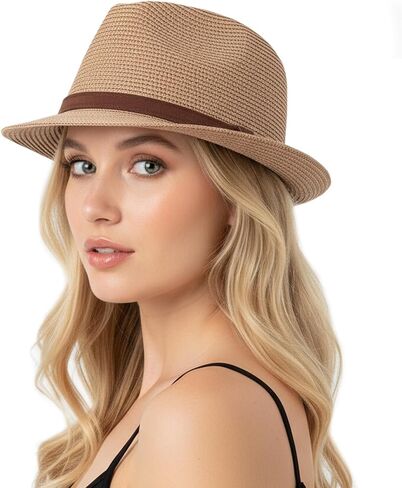 Fedora Straw Sun Hat for Men Women Short Brim Trilby Hat Panama Beach Hat UPF 50+ in Kuwait