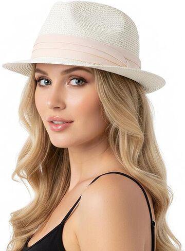 Fedora Straw Sun Hat for Men Women Short Brim Trilby Hat Panama Beach Hat UPF 50+ in Kuwait