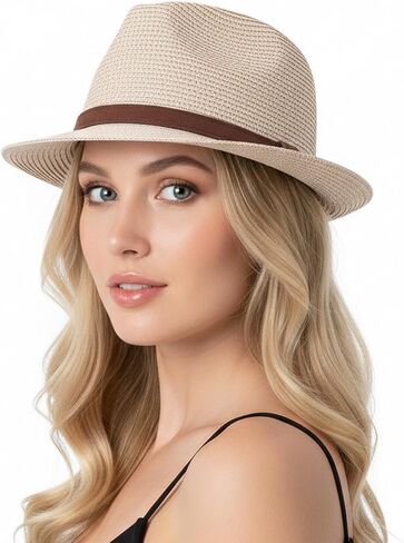 Fedora Straw Sun Hat for Men Women Short Brim Trilby Hat Panama Beach Hat UPF 50+ in Kuwait