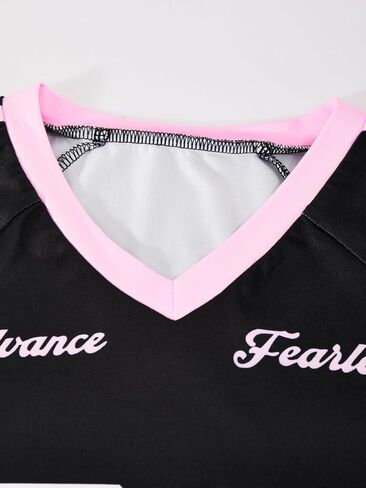 Fashion casual girls' V-neck black short-sleeve top with letter print and pink striped pants set in Kuwait