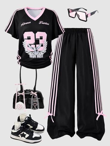 Fashion casual girls' V-neck black short-sleeve top with letter print and pink striped pants set in Kuwait