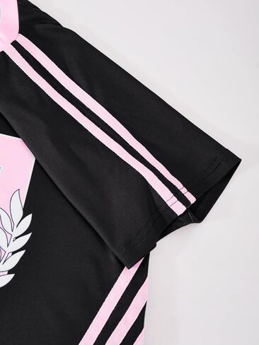 Fashion casual girls' V-neck black short-sleeve top with letter print and pink striped pants set in Kuwait